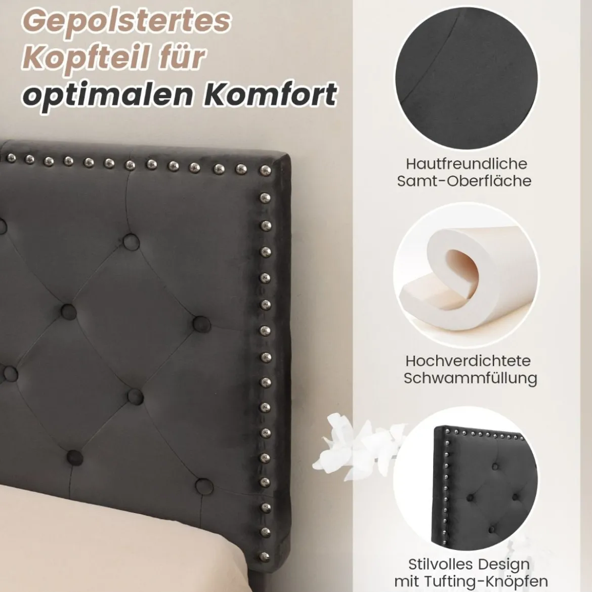 Polsterbett 200 x 140 cm Doppelbett mit Lattenrost & Kopfteil Gepolstertes Bettrahmen Grau Bettgestell bis 450 kg belastbar