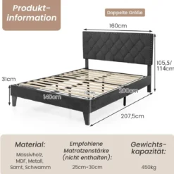 Polsterbett 200 x 140 cm Doppelbett mit Lattenrost & Kopfteil Gepolstertes Bettrahmen Grau Bettgestell bis 450 kg belastbar