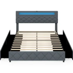 Polsterbett 160 x 200 cm mit LED-Beleuchtung Ladestation (2 USB-Anschlüsse) Doppelbettgestell mit Schubladen Grau