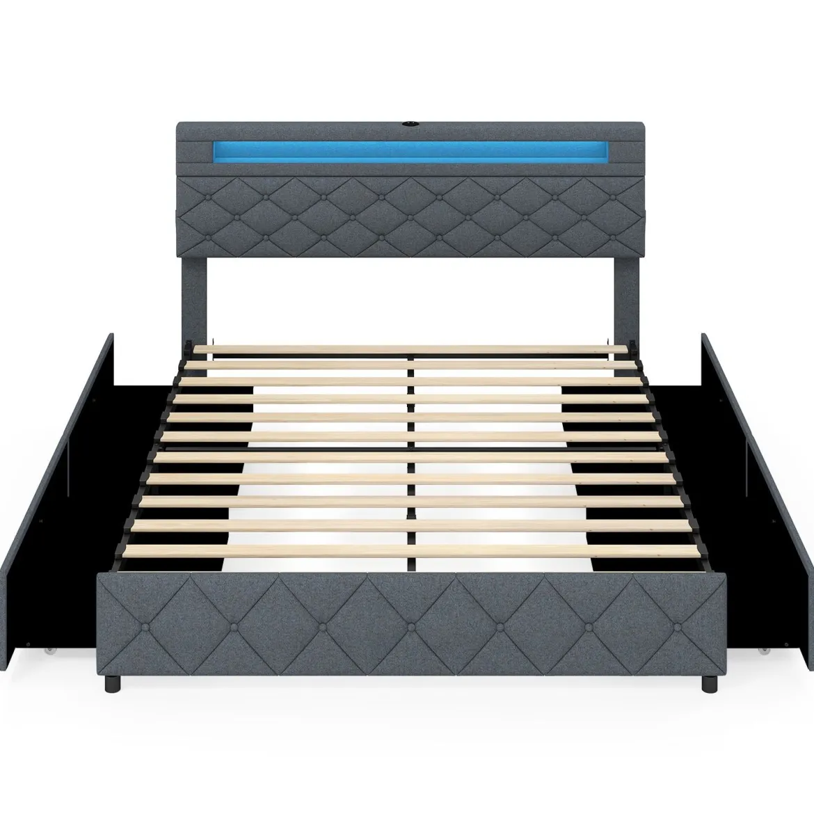 Polsterbett 160 x 200 cm mit LED-Beleuchtung Ladestation (2 USB-Anschlüsse) Doppelbettgestell mit Schubladen Grau