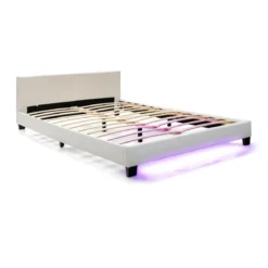 Polsterbett 140 x 200 cm Moderner Bettgestell mit 16 Fabigen LED Licht Weiß