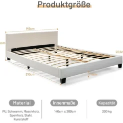 Polsterbett 140 x 200 cm Moderner Bettgestell mit 16 Fabigen LED Licht Weiß