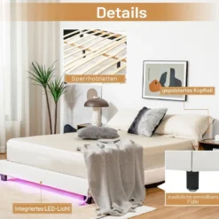 Polsterbett 140 x 200 cm Moderner Bettgestell mit 16 Fabigen LED Licht Weiß