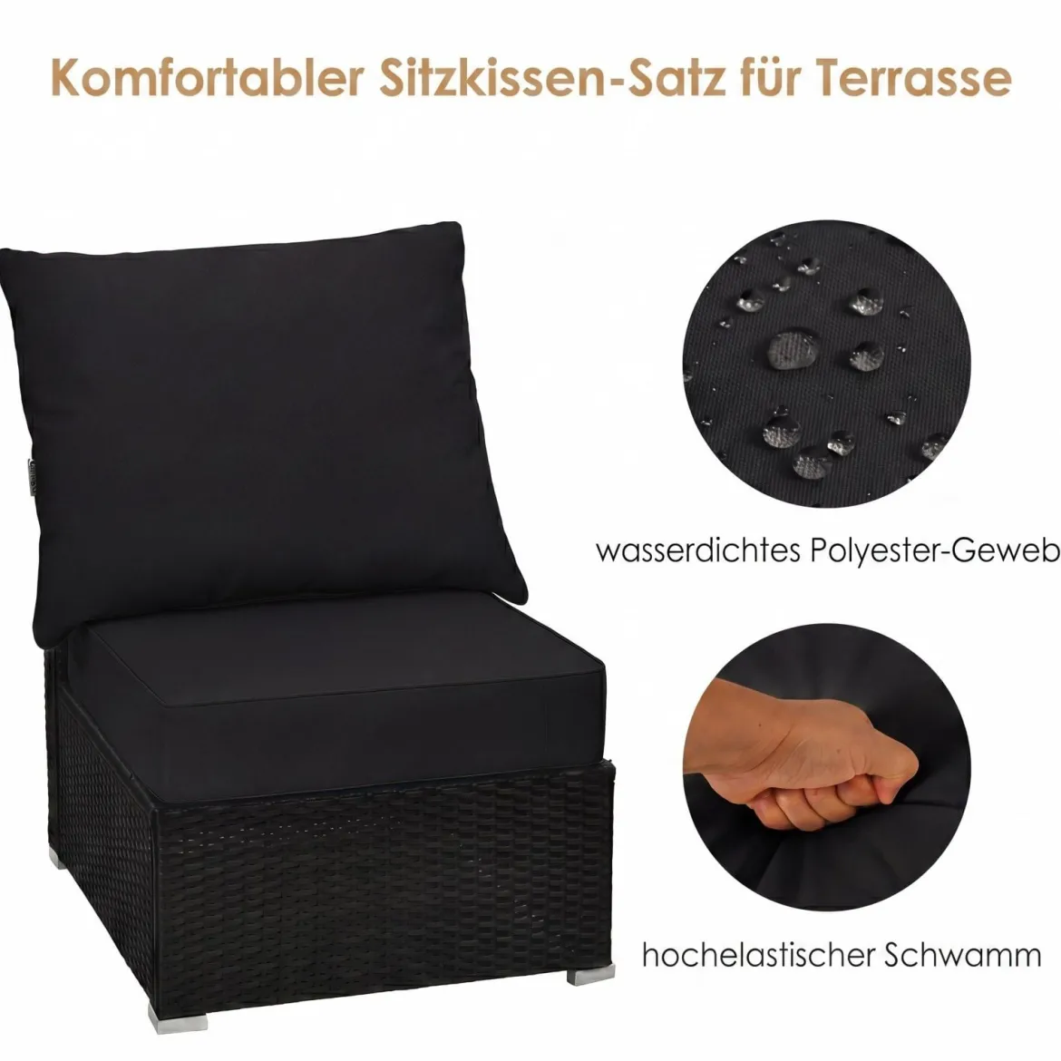 Polster für Gartenmöbel Sitzkissen 60 x 60 x 15 cm + Rückenlehne 60 x 40 x 20 cm Gartenstuhl Auflagen Schwarz