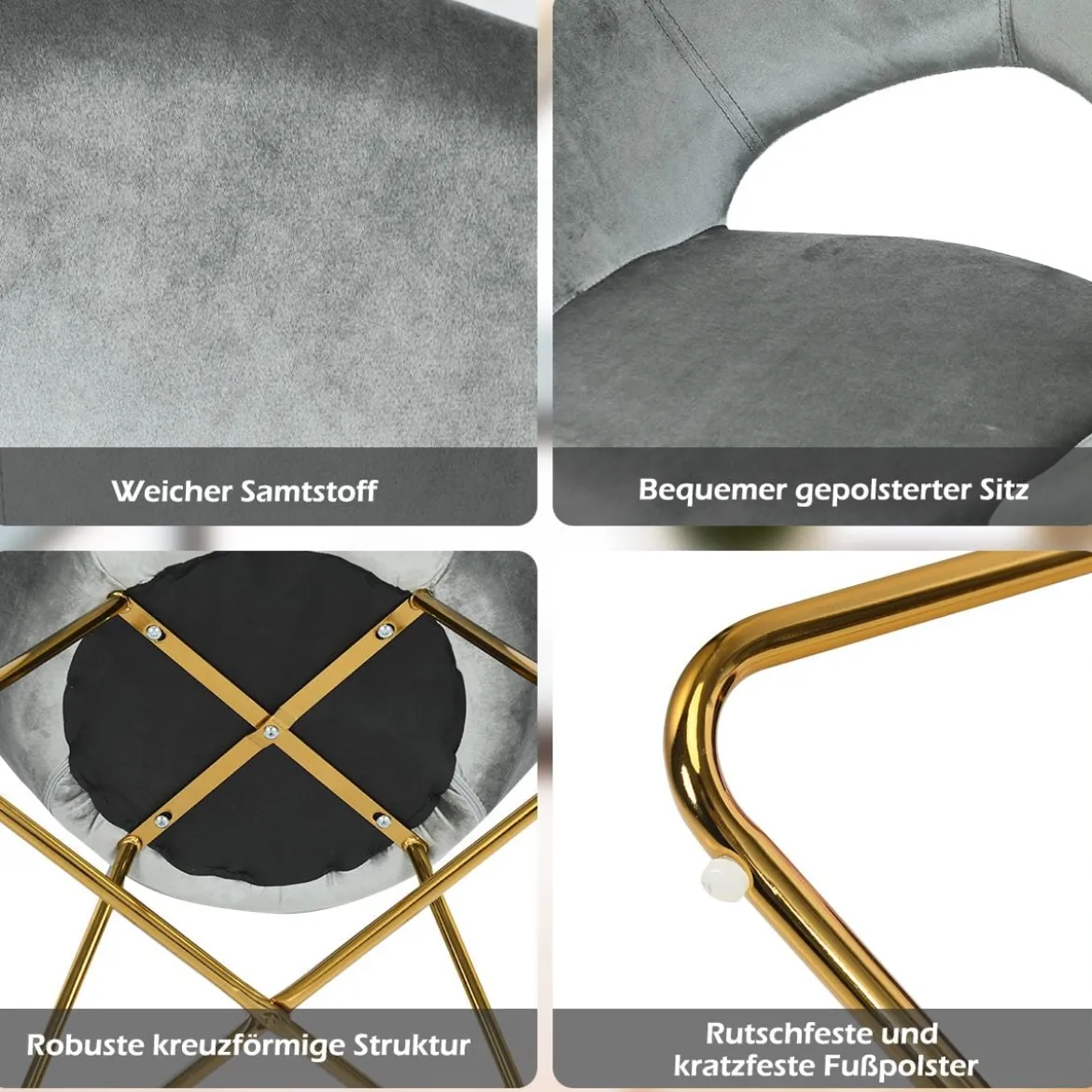 Polstersessel mit Metallbeinen Schminktisch Stuhl bis 120kg belastbar Wohnzimmerstuhl Grau