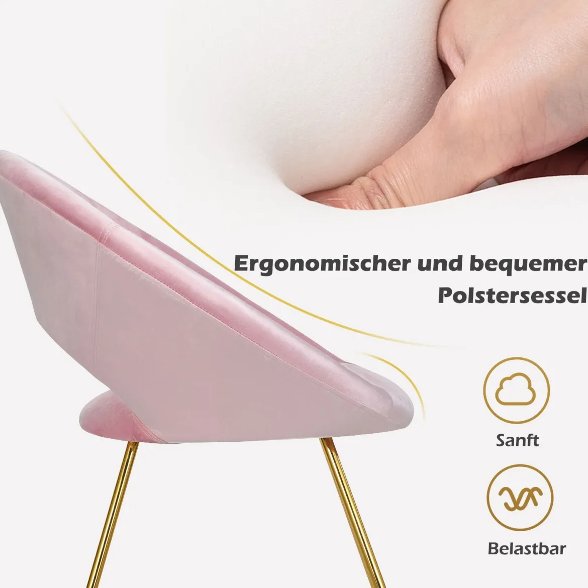 Polstersessel mit Metallbeinen Schminktisch Stuhl bis 120kg belastbar Wohnzimmerstuhl Rosa