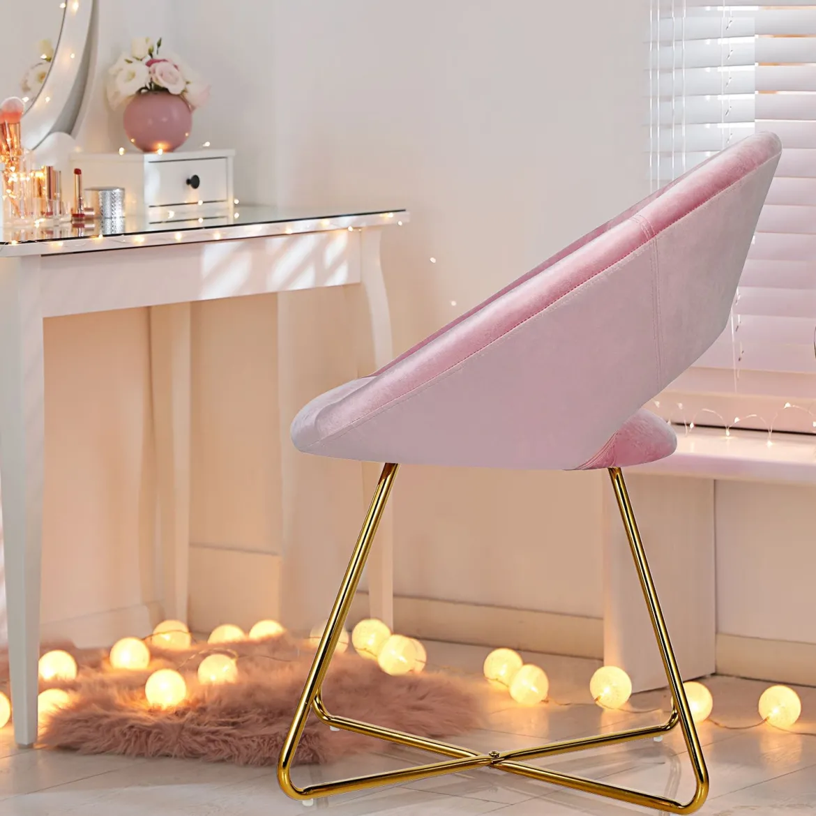 Polstersessel mit Metallbeinen Schminktisch Stuhl bis 120kg belastbar Wohnzimmerstuhl Rosa