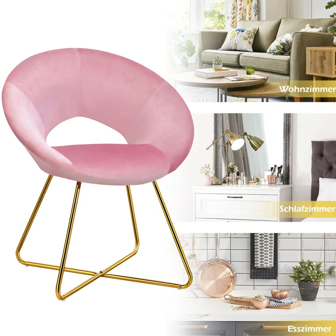 Polstersessel mit Metallbeinen Schminktisch Stuhl bis 120kg belastbar Wohnzimmerstuhl Rosa