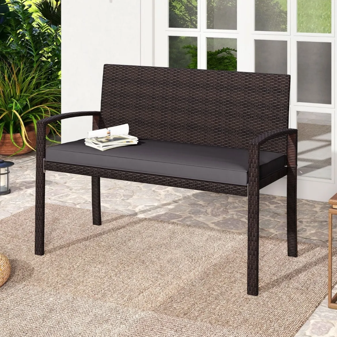 Polyrattan Gartenbank mit Sitzkissen Wetterfeste Balkontank bis 360 kg Belastbar Balkontank