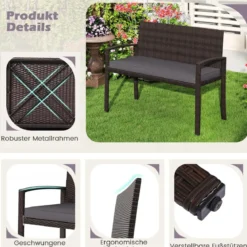 Polyrattan Gartenbank mit Sitzkissen Wetterfeste Balkontank bis 360 kg Belastbar Balkontank