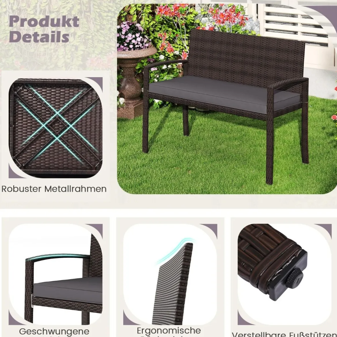 Polyrattan Gartenbank mit Sitzkissen Wetterfeste Balkontank bis 360 kg Belastbar Balkontank