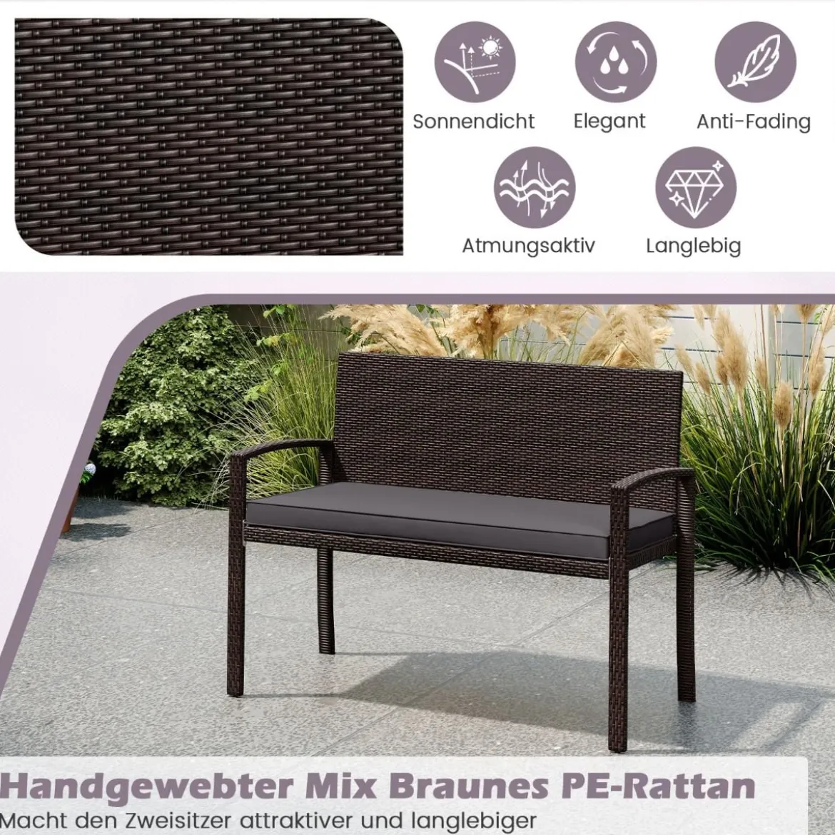 Polyrattan Gartenbank mit Sitzkissen Wetterfeste Balkontank bis 360 kg Belastbar Balkontank