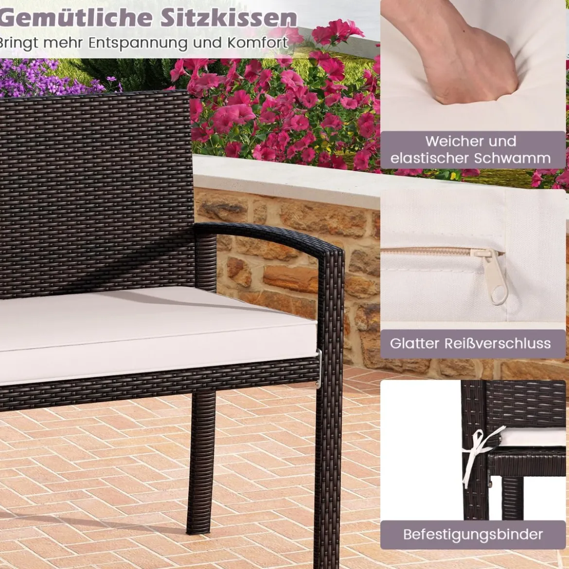 Polyrattan Gartenbank mit Sitzkissen Wetterfeste Balkontank bis 360 kg Belastbar Balkontank
