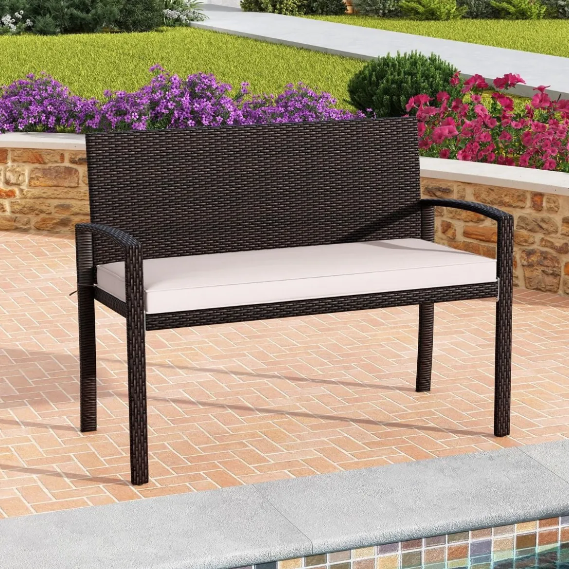 Polyrattan Gartenbank mit Sitzkissen Wetterfeste Balkontank bis 360 kg Belastbar Balkontank