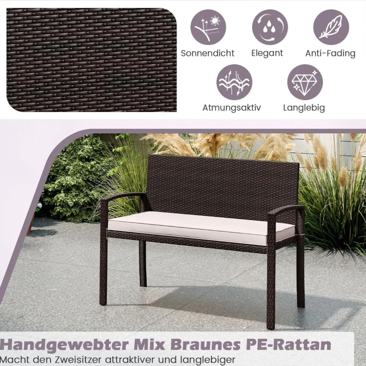 Polyrattan Gartenbank mit Sitzkissen Wetterfeste Balkontank bis 360 kg Belastbar Balkontank