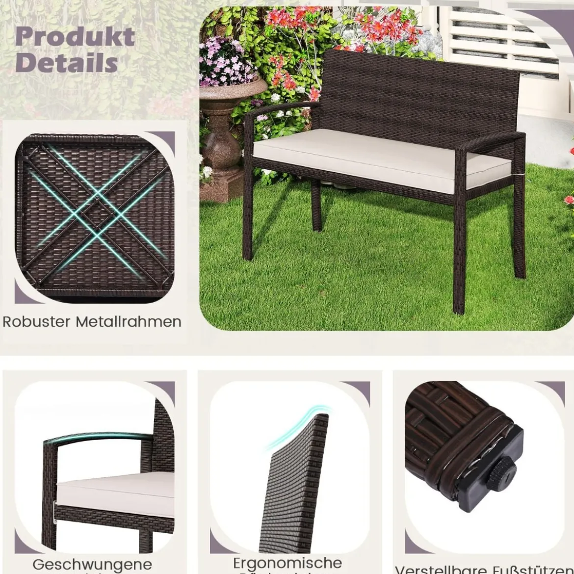 Polyrattan Gartenbank mit Sitzkissen Wetterfeste Balkontank bis 360 kg Belastbar Balkontank