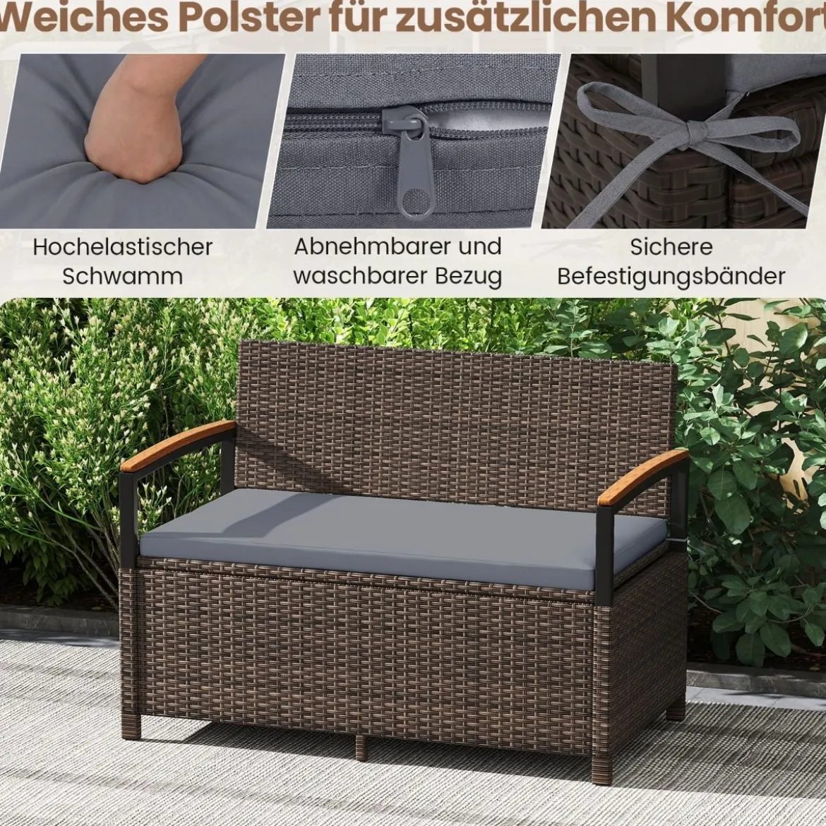 Polyrattan Gartenbank mit Stauraum & Kissen Wetterfeste Truhenbank 2-Sitzer Balkonbank Grau