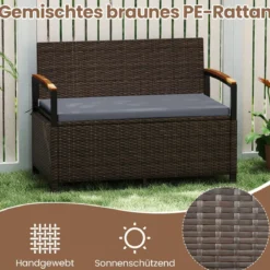 Polyrattan Gartenbank mit Stauraum & Kissen Wetterfeste Truhenbank 2-Sitzer Balkonbank Grau