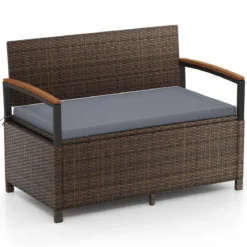 Polyrattan Gartenbank mit Stauraum & Kissen Wetterfeste Truhenbank 2-Sitzer Balkonbank Grau
