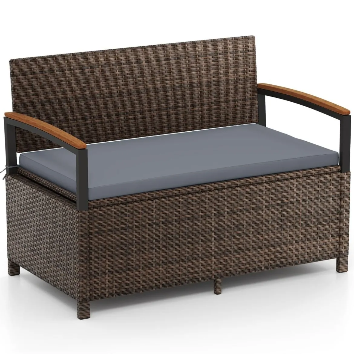Polyrattan Gartenbank mit Stauraum & Kissen Wetterfeste Truhenbank 2-Sitzer Balkonbank Grau