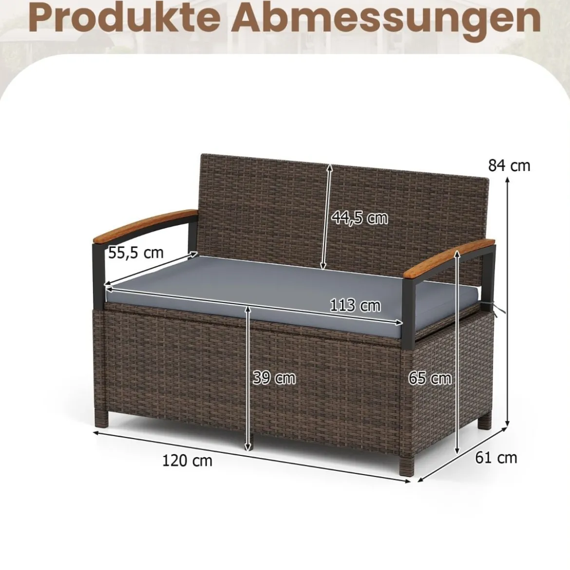 Polyrattan Gartenbank mit Stauraum & Kissen Wetterfeste Truhenbank 2-Sitzer Balkonbank Grau