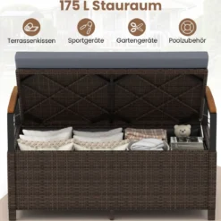 Polyrattan Gartenbank mit Stauraum & Kissen Wetterfeste Truhenbank 2-Sitzer Balkonbank Grau