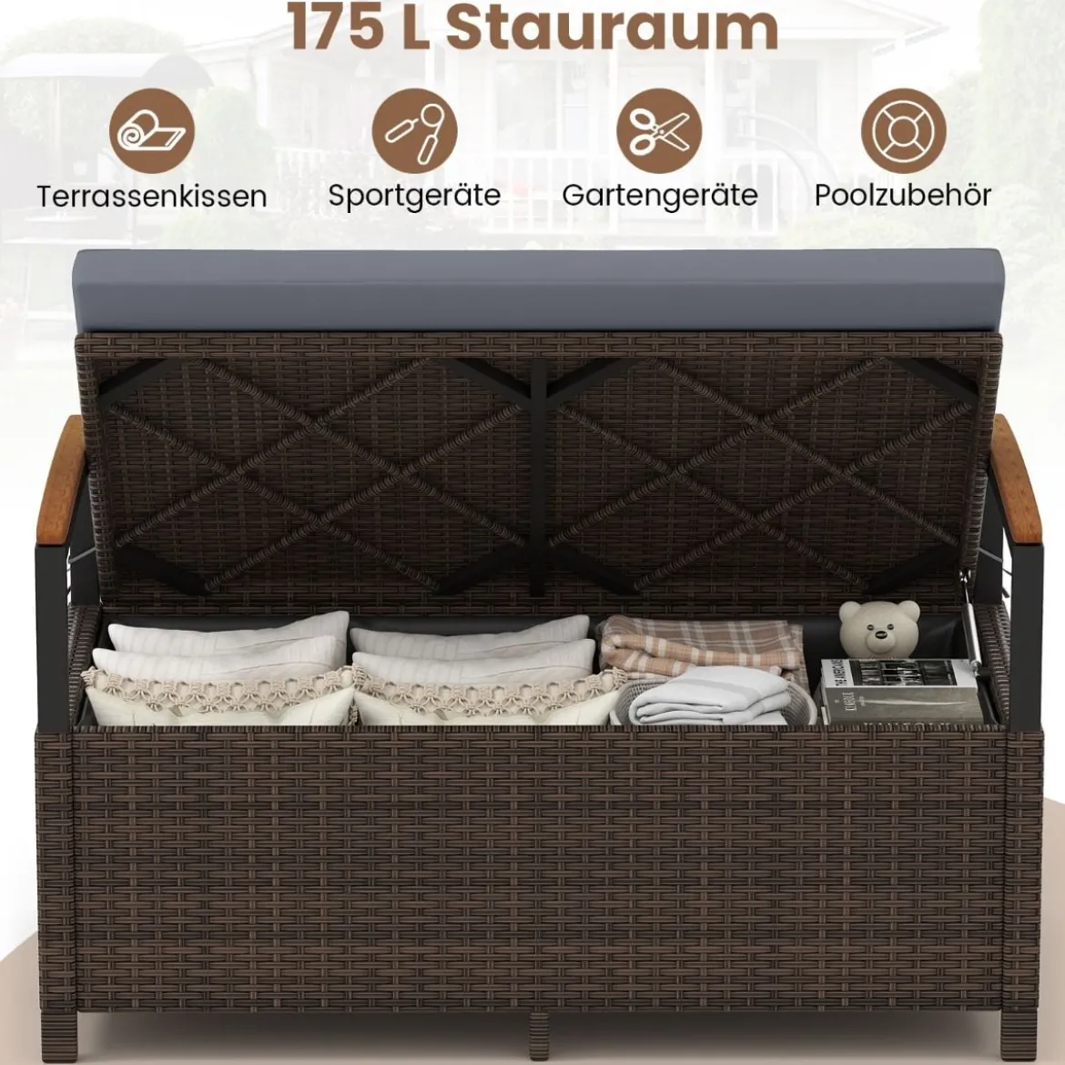 Polyrattan Gartenbank mit Stauraum & Kissen Wetterfeste Truhenbank 2-Sitzer Balkonbank Grau