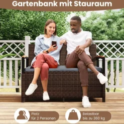 Polyrattan Gartenbank mit Stauraum & Kissen Wetterfeste Truhenbank 2-Sitzer Balkonbank Grau