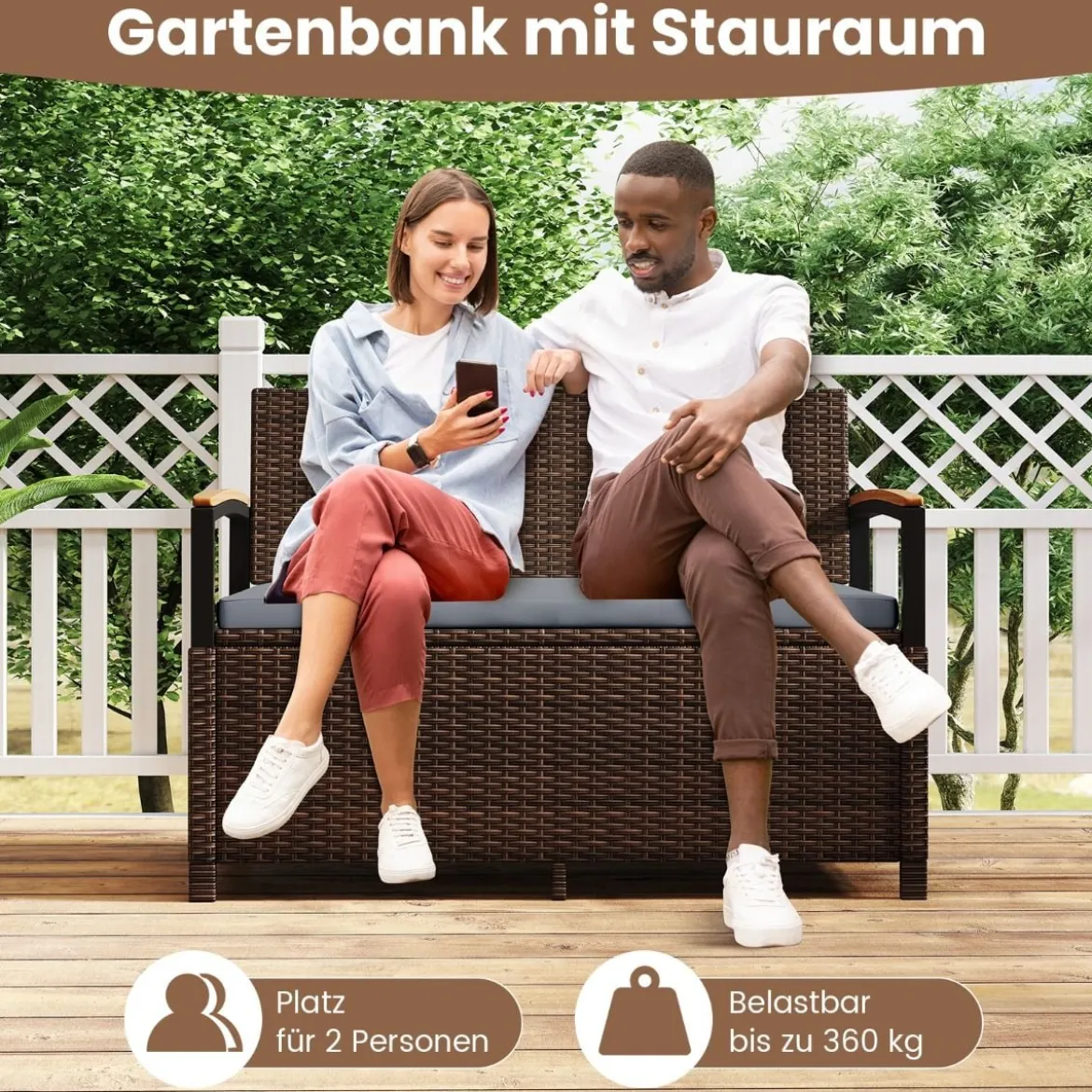 Polyrattan Gartenbank mit Stauraum & Kissen Wetterfeste Truhenbank 2-Sitzer Balkonbank Grau