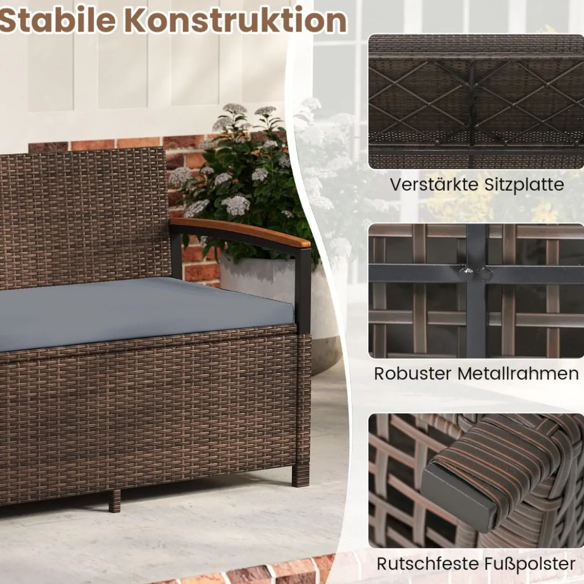 Polyrattan Gartenbank mit Stauraum & Kissen Wetterfeste Truhenbank 2-Sitzer Balkonbank Grau