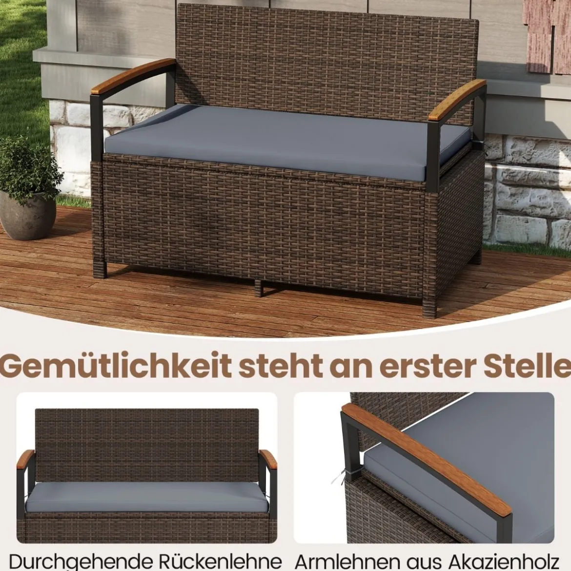 Polyrattan Gartenbank mit Stauraum & Kissen Wetterfeste Truhenbank 2-Sitzer Balkonbank Grau