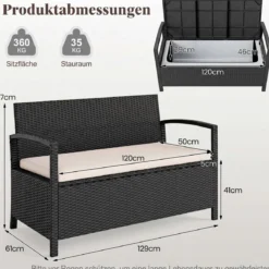 Polyrattan Gartenbank mit Stauraum & Kissen Wetterfeste Truhenbank mit Integrierter Kissenbox Beige