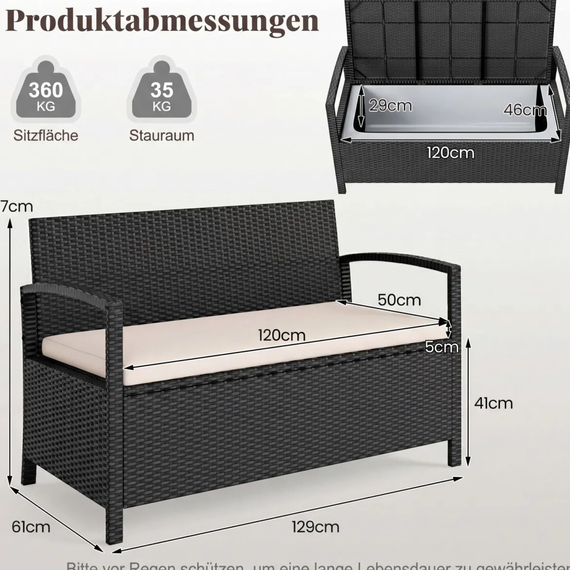 Polyrattan Gartenbank mit Stauraum & Kissen Wetterfeste Truhenbank mit Integrierter Kissenbox Beige