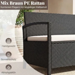 Polyrattan Gartenbank mit Stauraum & Kissen Wetterfeste Truhenbank mit Integrierter Kissenbox Beige