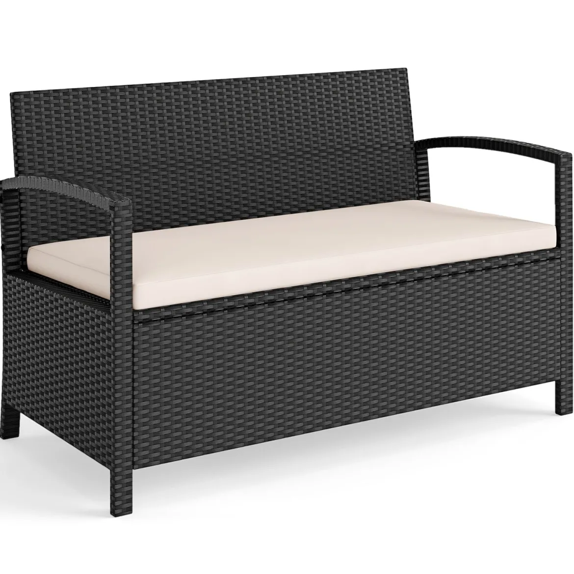 Polyrattan Gartenbank mit Stauraum & Kissen Wetterfeste Truhenbank mit Integrierter Kissenbox Beige