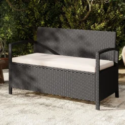 Polyrattan Gartenbank mit Stauraum & Kissen Wetterfeste Truhenbank mit Integrierter Kissenbox Beige