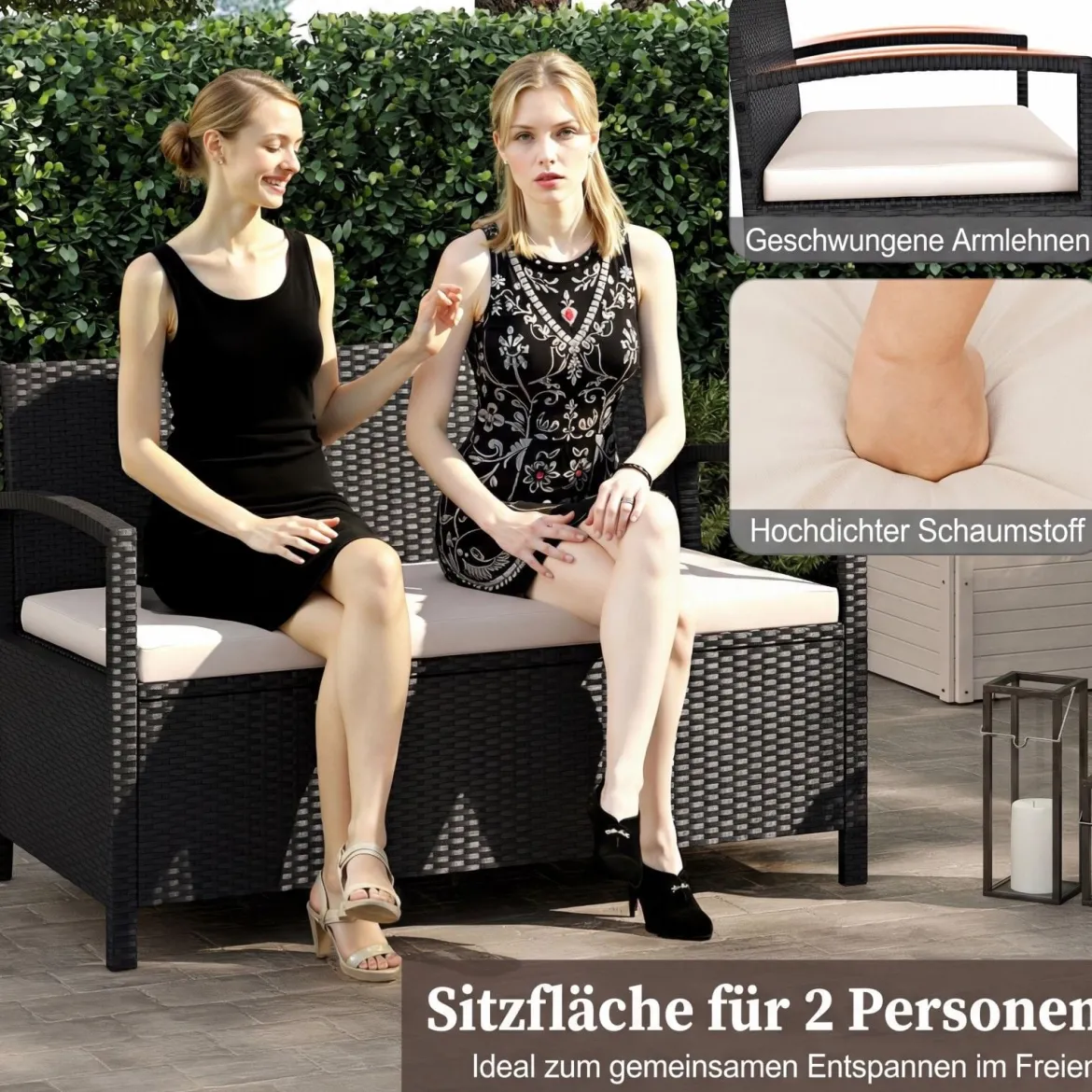 Polyrattan Gartenbank mit Stauraum & Kissen Wetterfeste Truhenbank mit Integrierter Kissenbox Beige