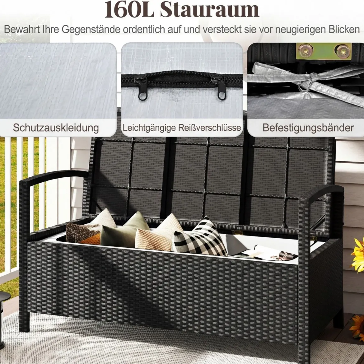 Polyrattan Gartenbank mit Stauraum & Kissen Wetterfeste Truhenbank mit Integrierter Kissenbox Beige