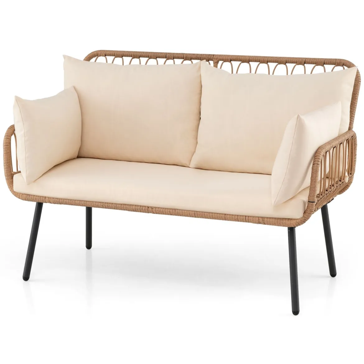 Polyrattan Gartenbank 2-Sitzer Sitzbank mit Sitzkissen Armlehnen & Rückenlehne Outdoor Gartensofa Beige