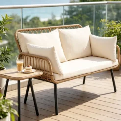 Polyrattan Gartenbank 2-Sitzer Sitzbank mit Sitzkissen Armlehnen & Rückenlehne Outdoor Gartensofa Beige