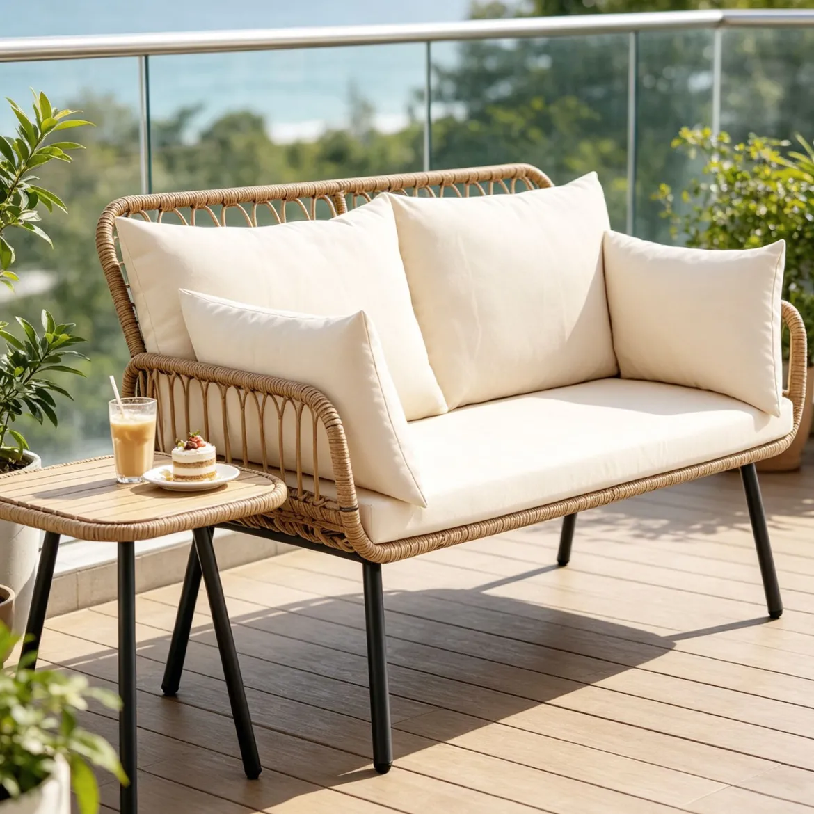 Polyrattan Gartenbank 2-Sitzer Sitzbank mit Sitzkissen Armlehnen & Rückenlehne Outdoor Gartensofa Beige
