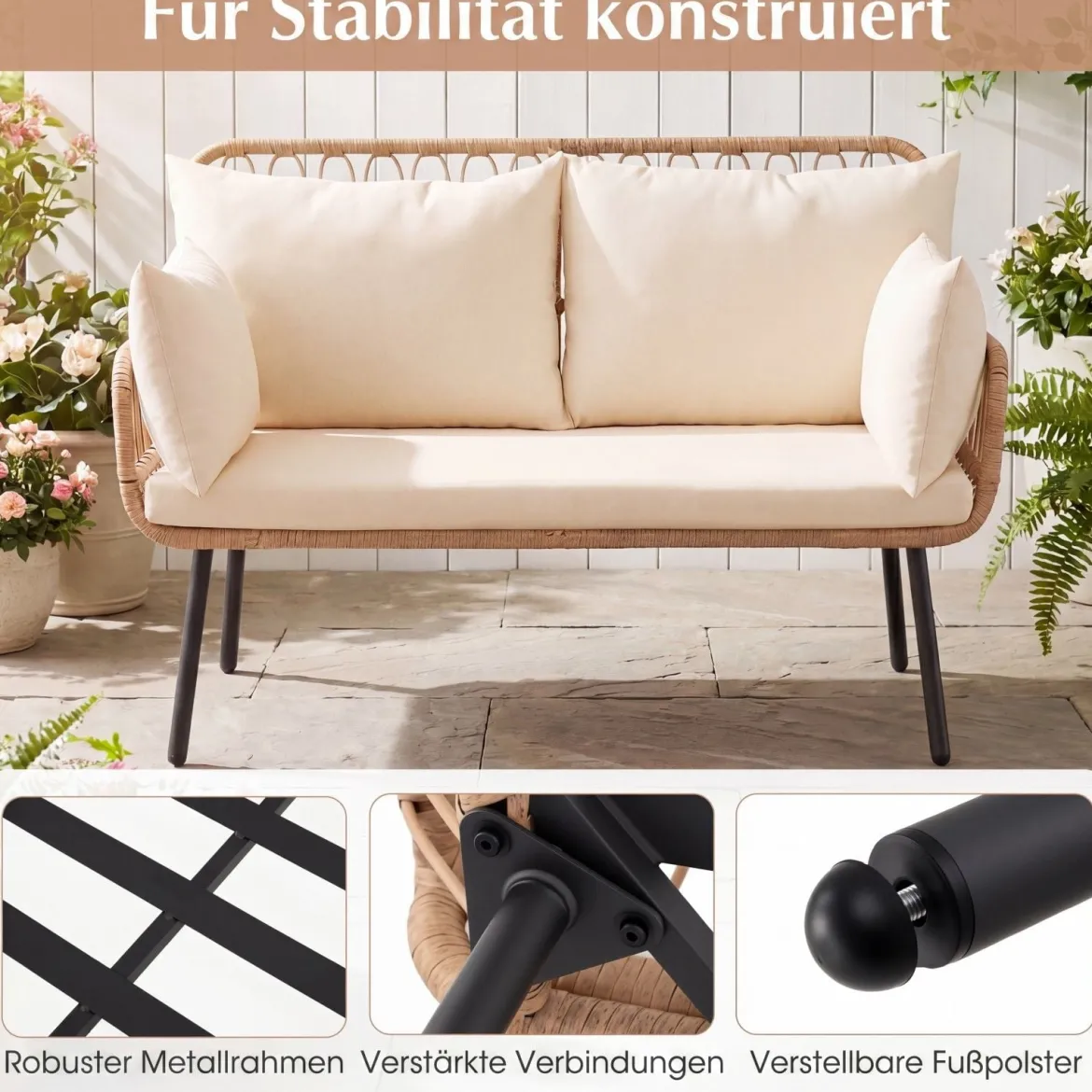 Polyrattan Gartenbank 2-Sitzer Sitzbank mit Sitzkissen Armlehnen & Rückenlehne Outdoor Gartensofa Beige