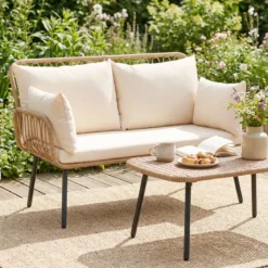 Polyrattan Gartenbank 2-Sitzer Sitzbank mit Sitzkissen Armlehnen & Rückenlehne Outdoor Gartensofa Beige