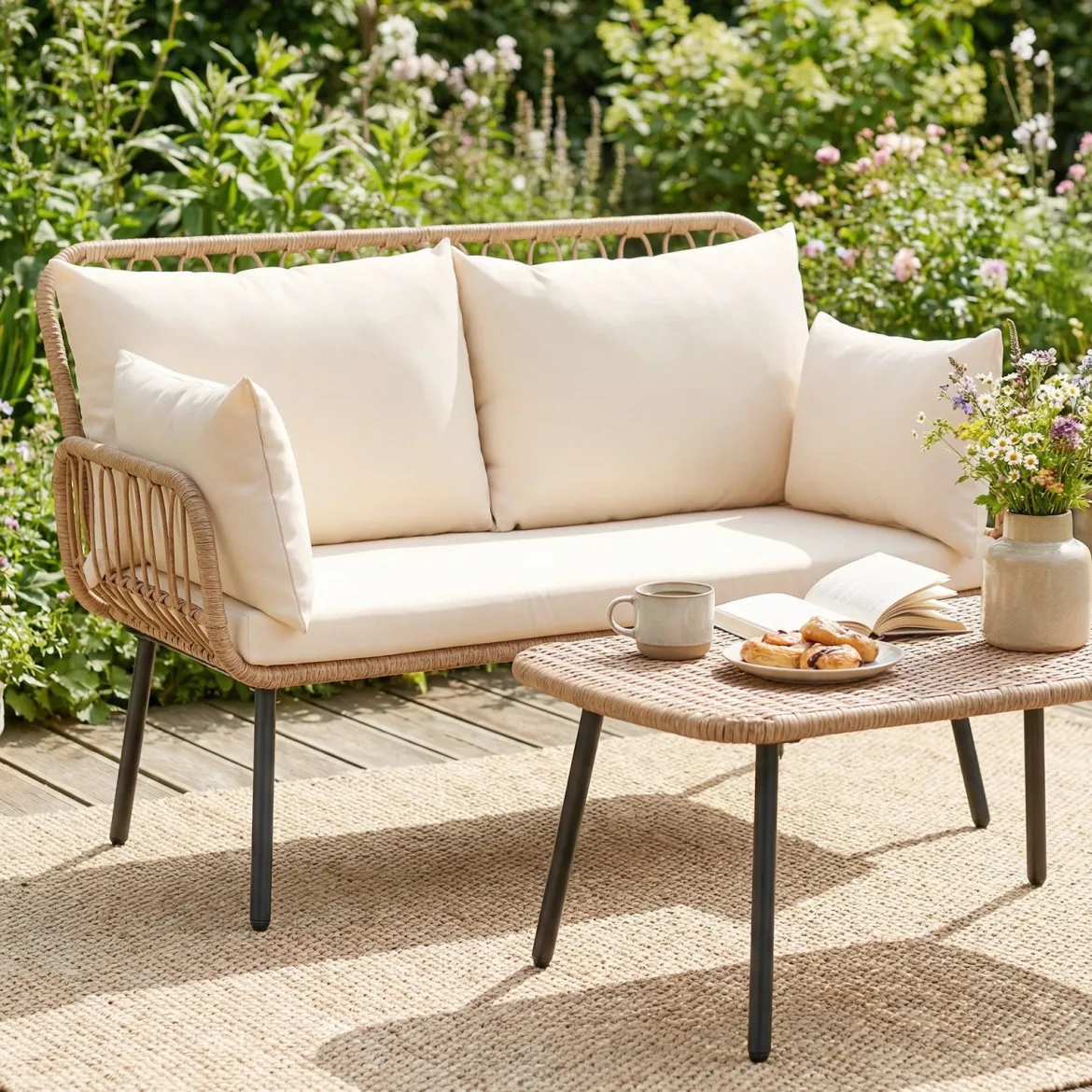 Polyrattan Gartenbank 2-Sitzer Sitzbank mit Sitzkissen Armlehnen & Rückenlehne Outdoor Gartensofa Beige