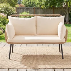 Polyrattan Gartenbank 2-Sitzer Sitzbank mit Sitzkissen Armlehnen & Rückenlehne Outdoor Gartensofa Beige