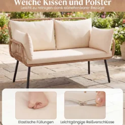 Polyrattan Gartenbank 2-Sitzer Sitzbank mit Sitzkissen Armlehnen & Rückenlehne Outdoor Gartensofa Beige