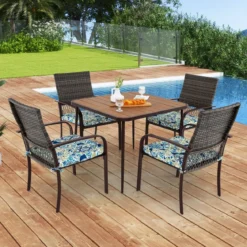Polyrattan Gartenmöbel Set für 4 Personen Tischplatte aus WPC mit Schirmloch Gartengarnitur
