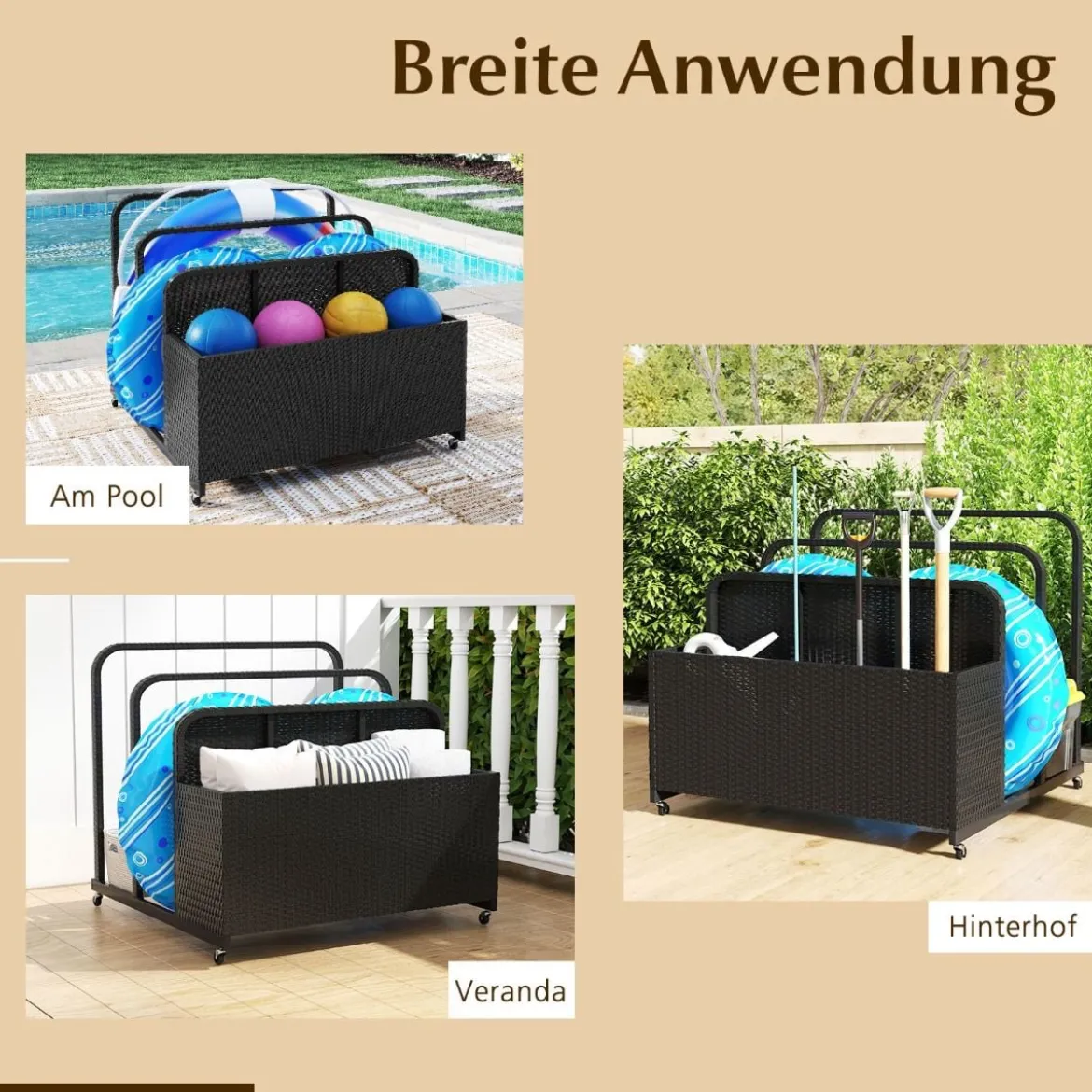 Pool Aufbewahrungskorb mit Rollen PE Rattan Aufbewahrungsbehälter für Schwimmhilfen Schwarz