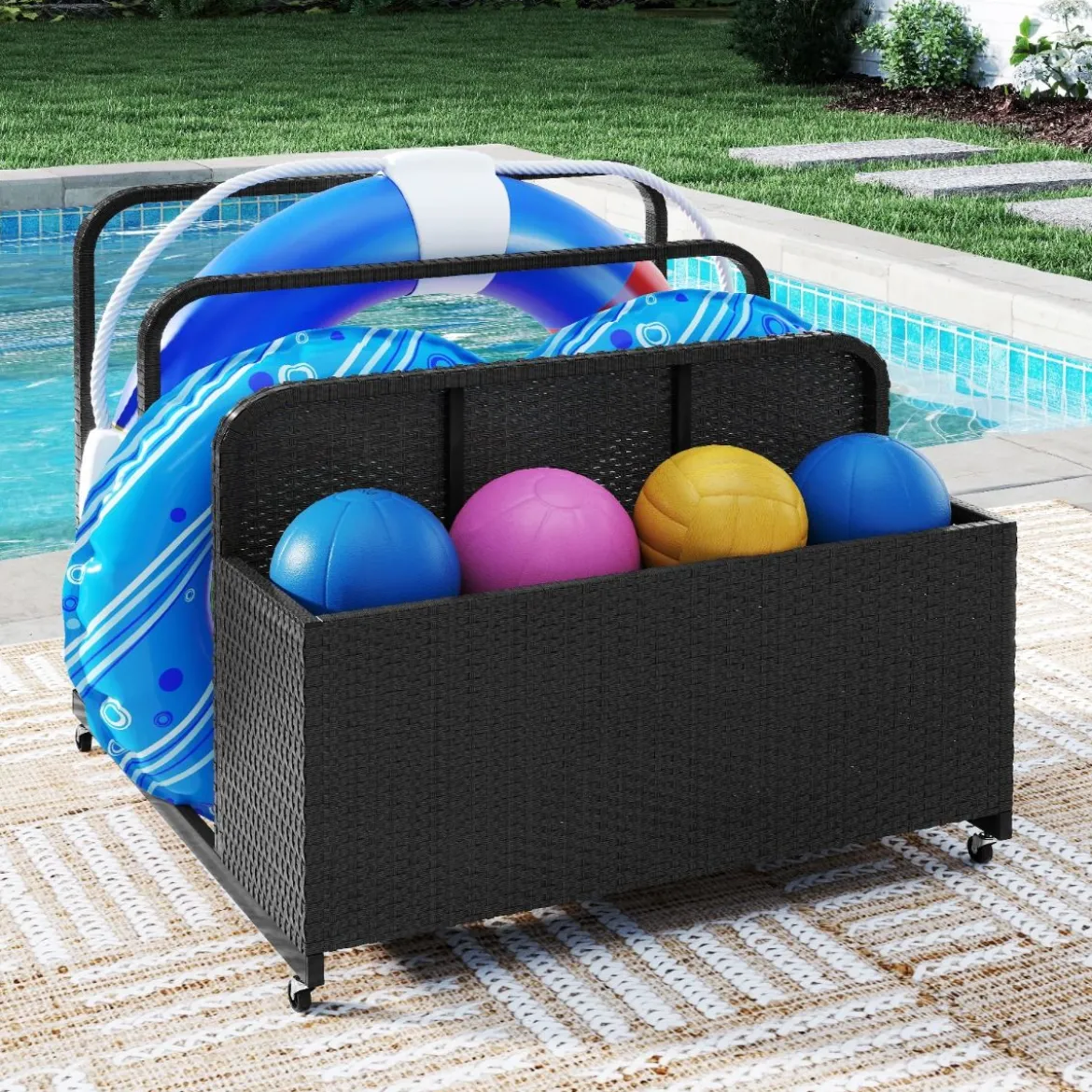 Pool Aufbewahrungskorb mit Rollen PE Rattan Aufbewahrungsbehälter für Schwimmhilfen Schwarz