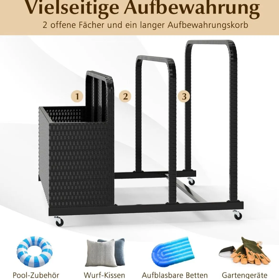 Pool Aufbewahrungskorb mit Rollen PE Rattan Aufbewahrungsbehälter für Schwimmhilfen Schwarz